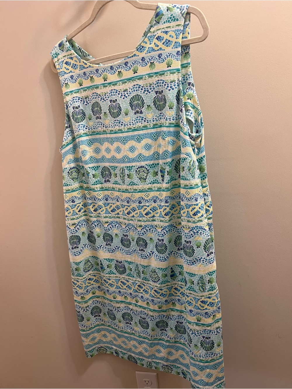 Talbots Sleeveless Seafoam & Blue Seashell mosaic shift Dress Size 16